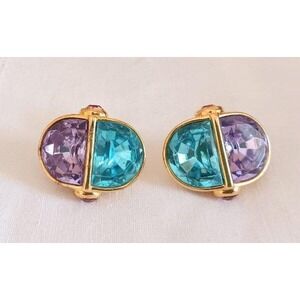 Vintage Trifari Large Purple Aquamarine Cabochon Clip On Earrings Statement Big